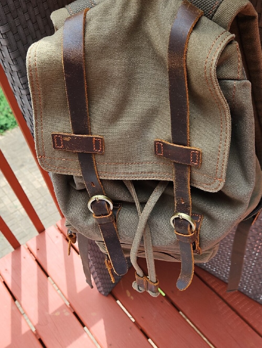 Khaki Canvas Backpack with Brown Leather Trim